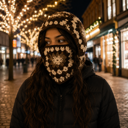 Granny Square Crochet Balaclava styled on a city street at night