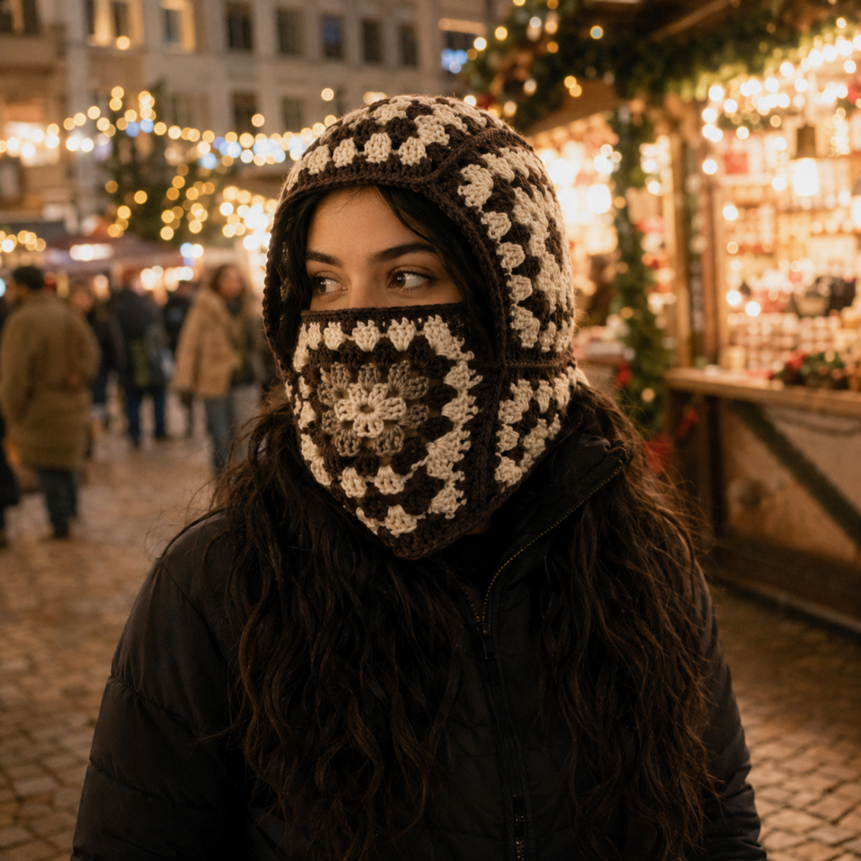 Granny Square Crochet Balaclava worn at an evening holiday market