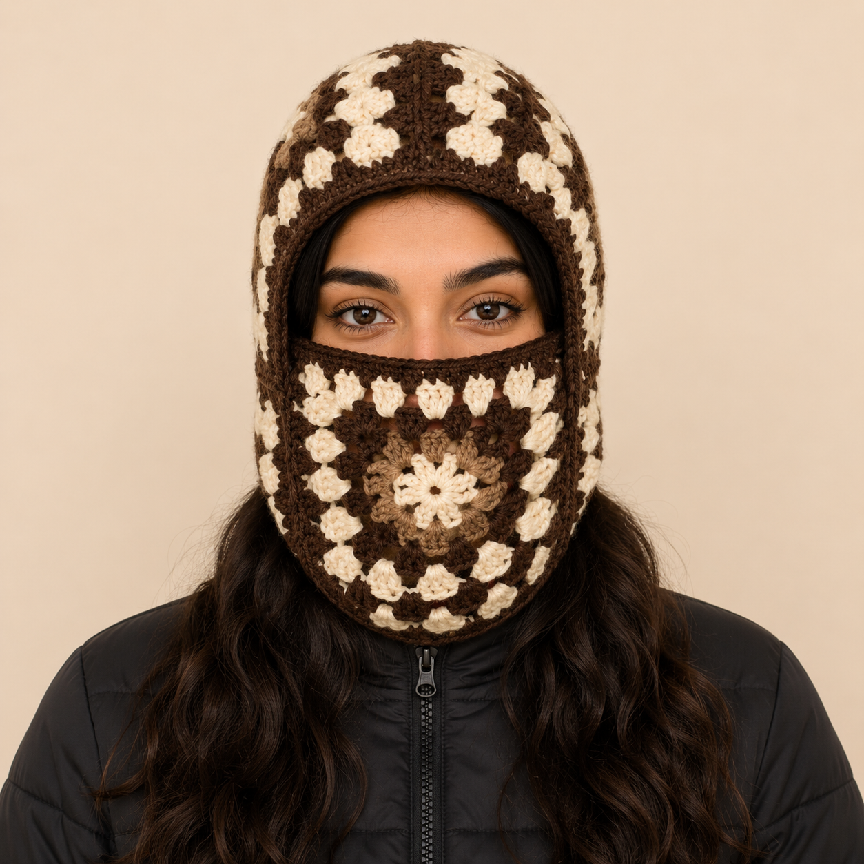 Granny Square Crochet Balaclava, front view, studio shot