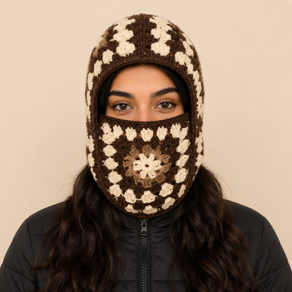 Granny Square Crochet Balaclava, front view, studio shot