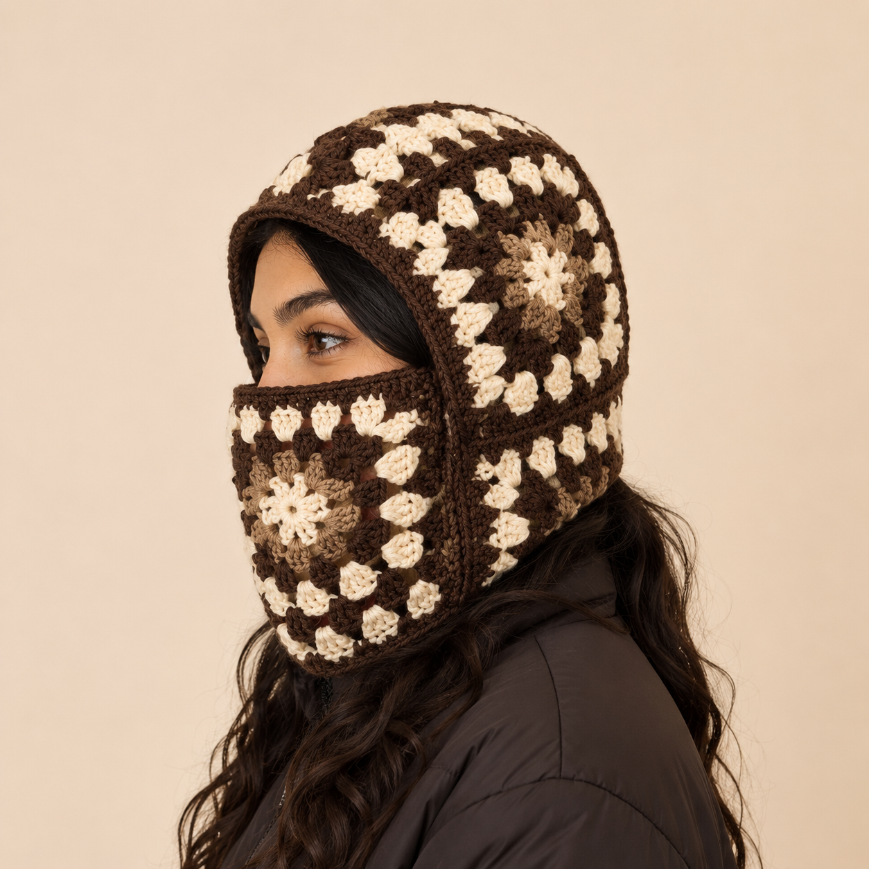 Granny Square Crochet Balaclava, side profile, studio shot showing panel construction