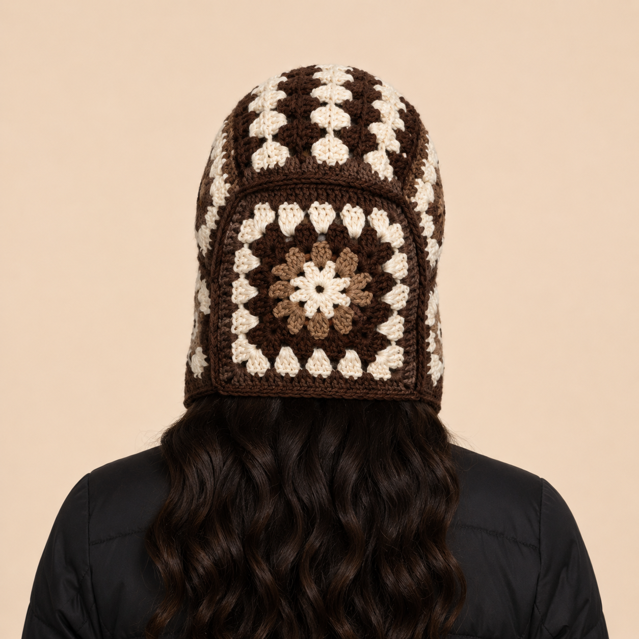 Granny Square Crochet Balaclava, back view, studio shot showing granny square join